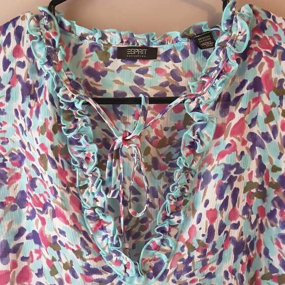 Esprit Women's Cap Sleeve Blouse Boho Floral Sheer Ruffle Size Medium - Picture 3 of 12